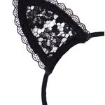 Close up of Fleur Du Mal Lace Cat Ears Black with silk covered headband. Available at www.mewmew.co