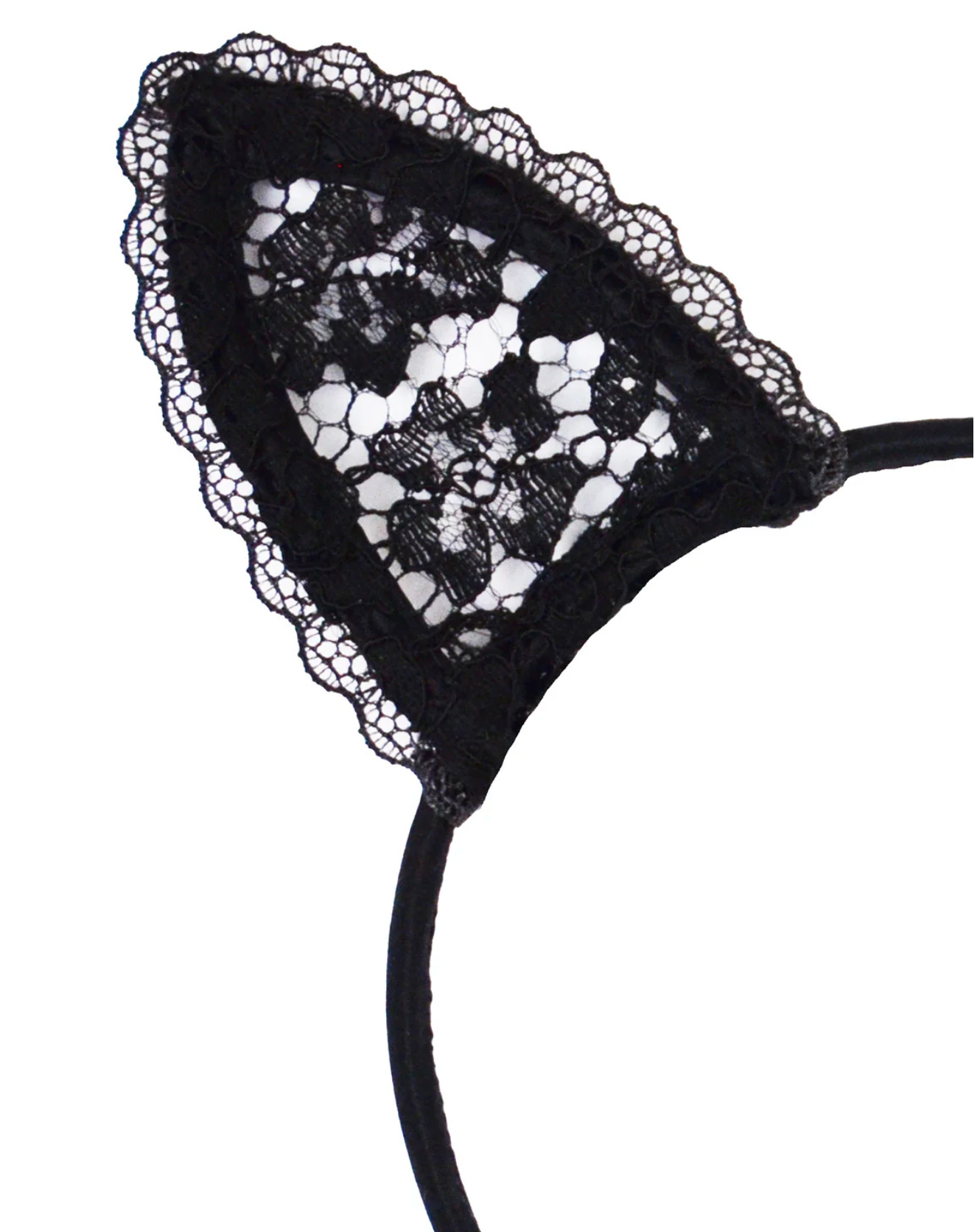 Close up of Fleur Du Mal Lace Cat Ears Black with silk covered headband. Available at www.mewmew.co